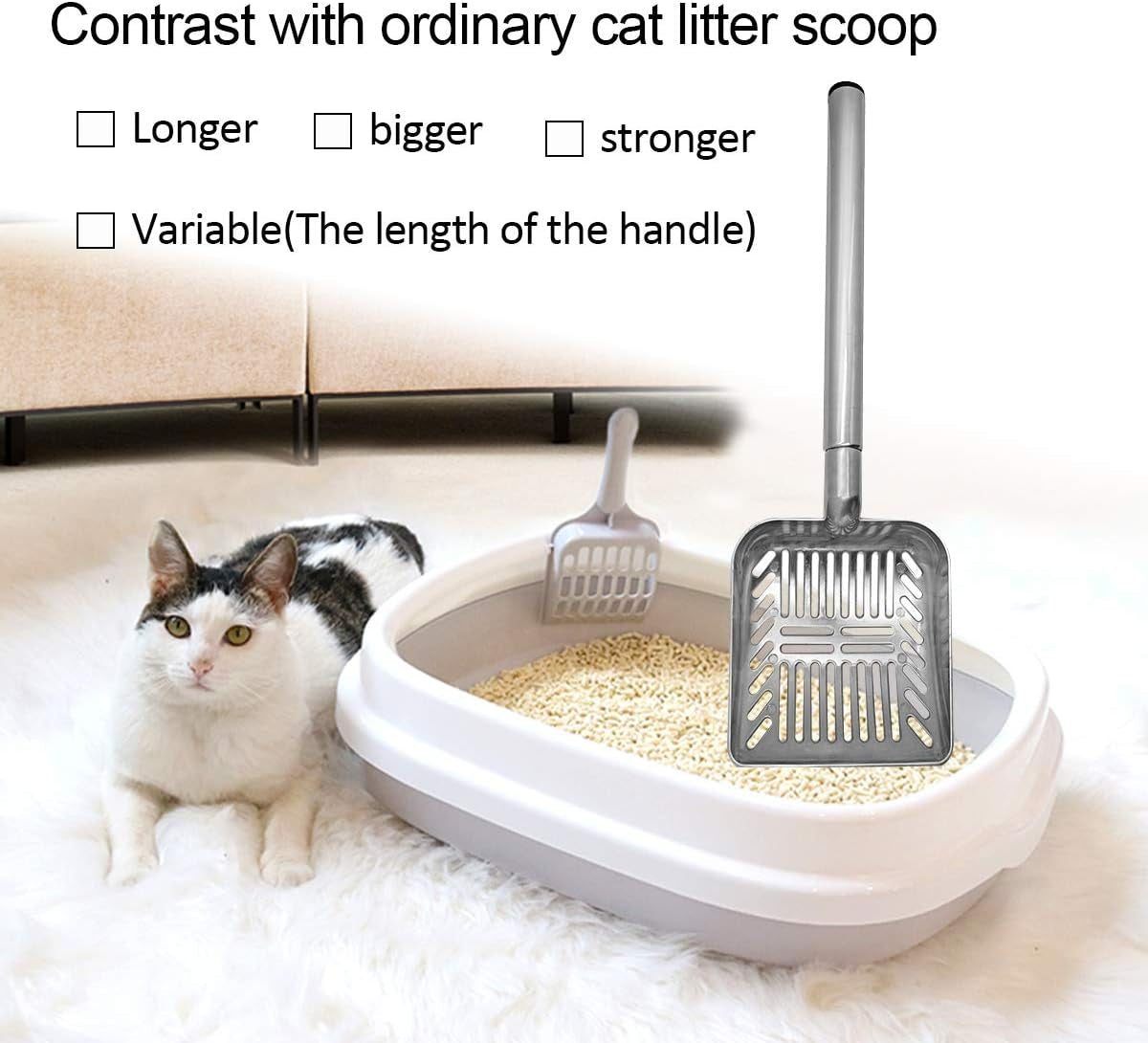 Cat Litter Scooper Metal Cat Litter Scoop Long Handle Cat Scoop Aluminum Litter Box Scooper Kitty Litter Scoop Non-Stick Stronger Large Cat Litter Sifter Scoop Manages Big Clumps of Multi-Cat Families