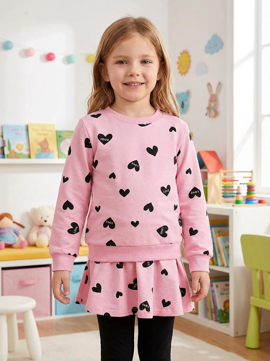 Little Girls Clothes Set Outfit Heart Print Fleece Sweatshirts Top and Leggings Set