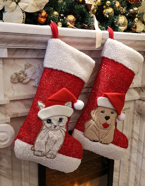 Load image into Gallery viewer, 20'' Cute Cat Christmas Stockings Embroidered Xmas Socks Holiday Party Pet Theme Gift for Kitty
