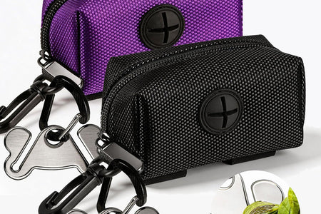 2 Pack Dog Poop Bag Holder for Leash Attachment - Waste Bag Dispenser for Leash - Fits Any Dog Leash - Portable Set with 1 Hand Free Holder Metal Carrier - Black&Purple