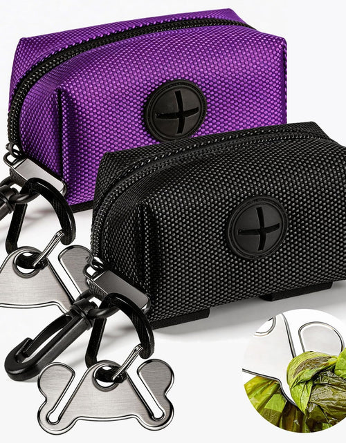 Load image into Gallery viewer, 2 Pack Dog Poop Bag Holder for Leash Attachment - Waste Bag Dispenser for Leash - Fits Any Dog Leash - Portable Set with 1 Hand Free Holder Metal Carrier - Black&amp;Purple
