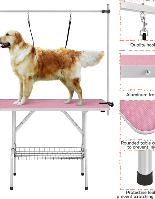 Load image into Gallery viewer, 46'' Pet Grooming Table for Large Dogs Adjustable Height - Portable Trimming Table Drying Table W/Arm/Noose/Mesh Tray Maximum Capacity up to 265Lb -Pink
