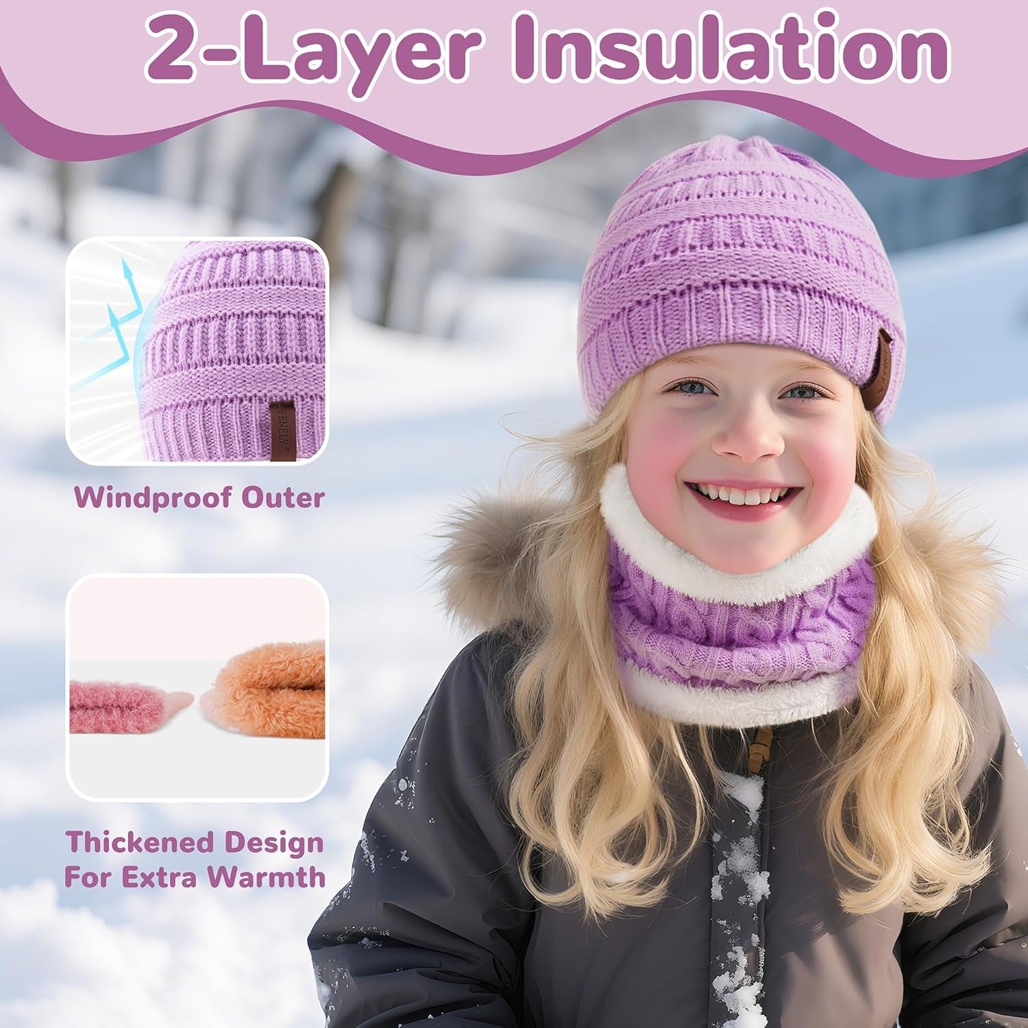 3Pcs Kids Winter Beanie Hat Scarf Gloves Set for 2-6-10-14 Years Old Boys Girls, Knit Thick Warm Fleece Lined Thermal Sets