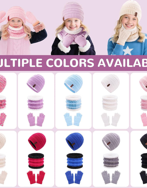 Load image into Gallery viewer, 3Pcs Kids Winter Beanie Hat Scarf Gloves Set for 2-6-10-14 Years Old Boys Girls, Knit Thick Warm Fleece Lined Thermal Sets
