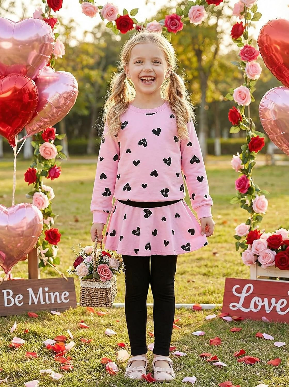 Little Girls Clothes Set Outfit Heart Print Fleece Sweatshirts Top and Leggings Set