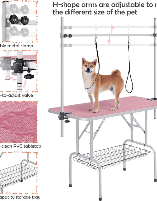 Load image into Gallery viewer, 46'' Pet Grooming Table for Large Dogs Adjustable Height - Portable Trimming Table Drying Table W/Arm/Noose/Mesh Tray Maximum Capacity up to 265Lb -Pink
