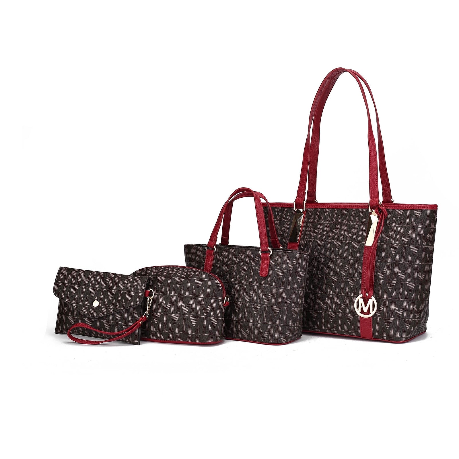 Bolso Tote Handbag De Piel Para Mujer Con Bolso Y Pulsera, Rojo, 4 Piezas