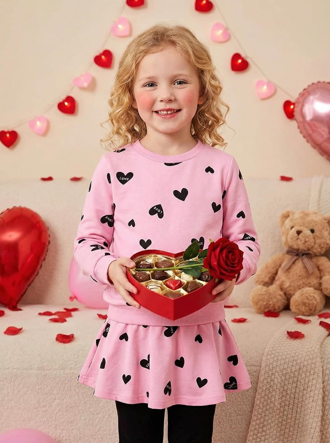 Little Girls Clothes Set Outfit Heart Print Fleece Sweatshirts Top and Leggings Set